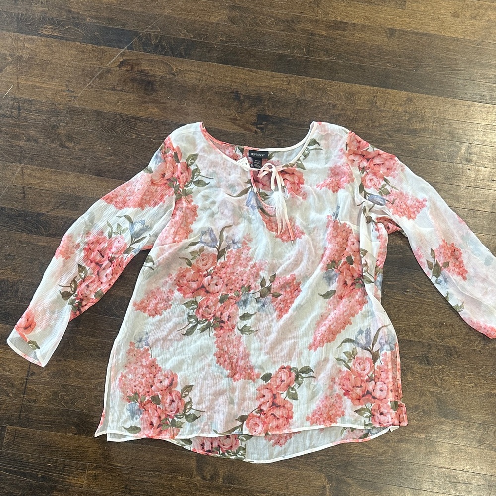 Lane Bryant 100% Silk See Through Pink Floral Blouse with Feather Size 22/24